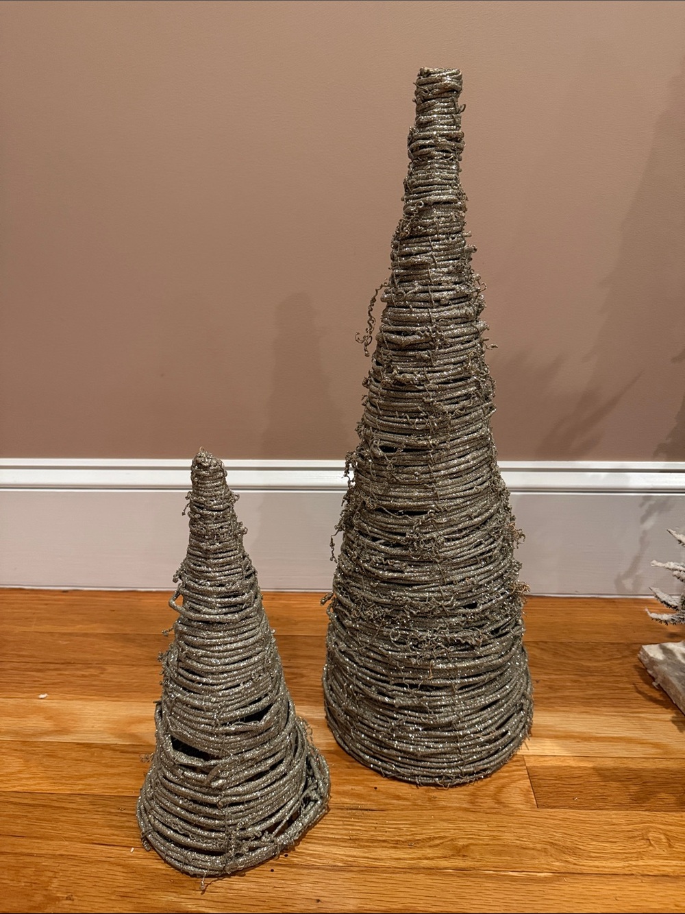 Set of 2 Sparkle Wicker Christmas Trees 21" & 12" Rustic Holiday Decor